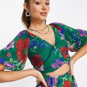 ASOS DESIGN wrap around pleated midi dress in green floral print